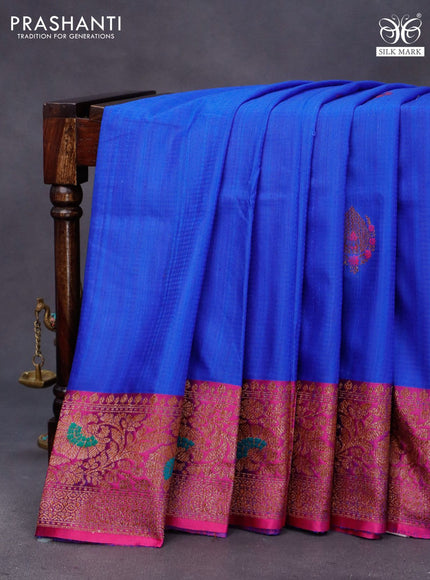 Banarasi handloom dupion saree royal blue and pink with allover thread & zari woven buttas and long woven border