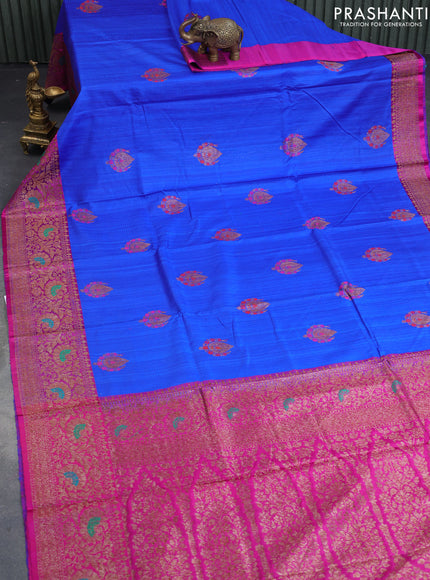 Banarasi handloom dupion saree royal blue and pink with allover thread & zari woven buttas and long woven border