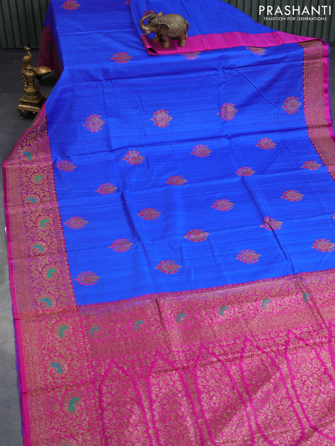 Banarasi handloom dupion saree royal blue and pink with allover thread & zari woven buttas and long woven border