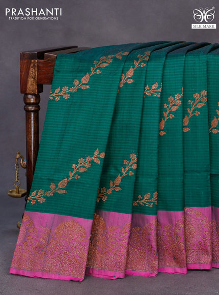 Banarasi handloom dupion saree dark green and pink with allover thread & zari weaves and woven border