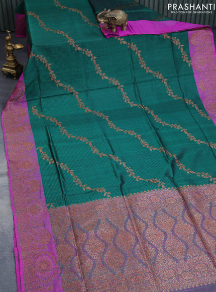 Banarasi handloom dupion saree dark green and pink with allover thread & zari weaves and woven border