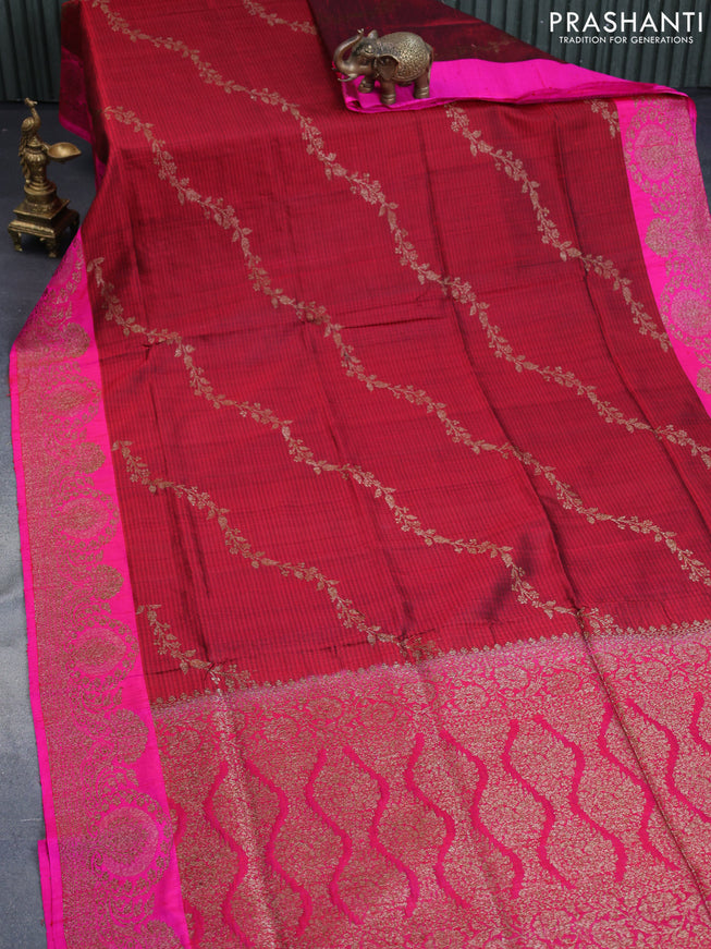 Banarasi handloom dupion saree maroon and dual shade pink with allover thread & zari weaves and woven border