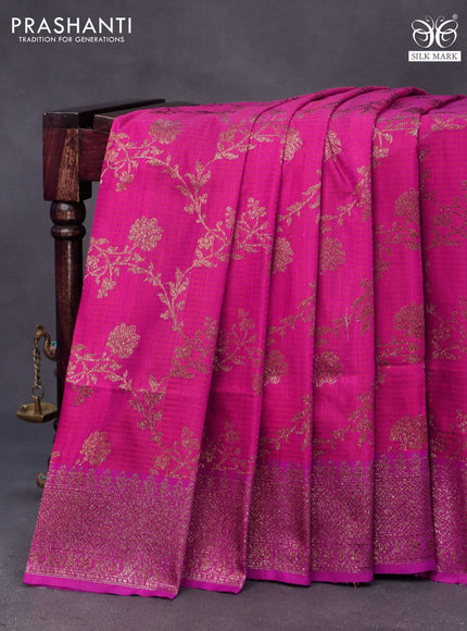 Banarasi handloom dupion saree pink and purple with allover thread floral & zari weaves and woven border