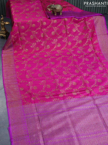 Banarasi handloom dupion saree pink and purple with allover thread floral & zari weaves and woven border