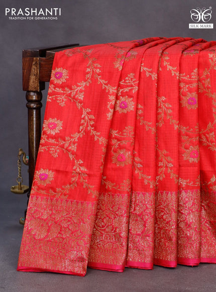 Banarasi handloom dupion saree red and pink with allover thread floral & zari weaves and woven border