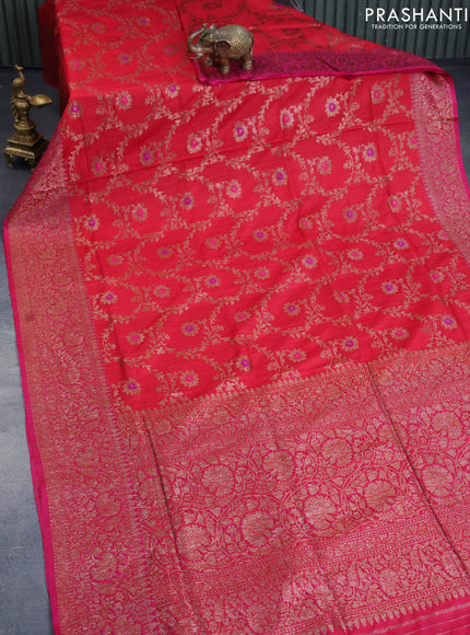 Banarasi handloom dupion saree red and pink with allover thread floral & zari weaves and woven border