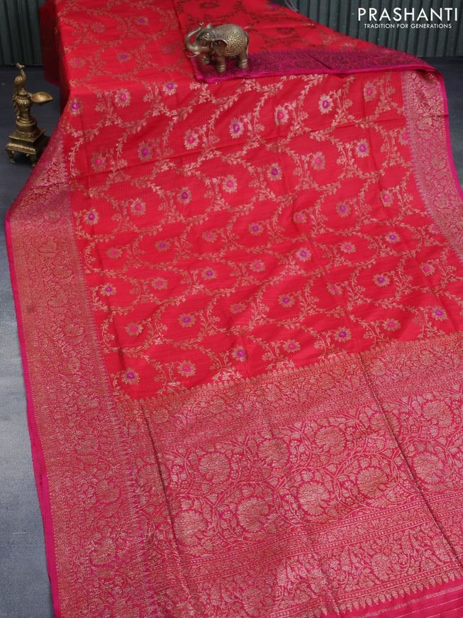 Banarasi handloom dupion saree red and pink with allover thread floral & zari weaves and woven border