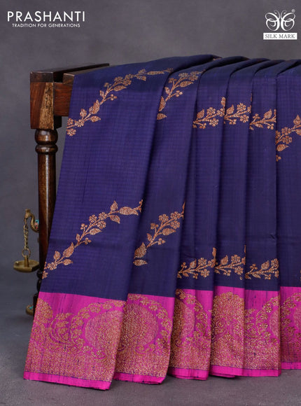 Banarasi handloom dupion saree navy blue and purple with allover thread & zari weaves and woven border