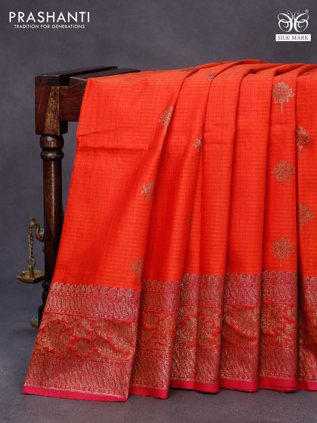 Banarasi handloom dupion saree orange and pink with allover thread & zari woven buttas and long woven border