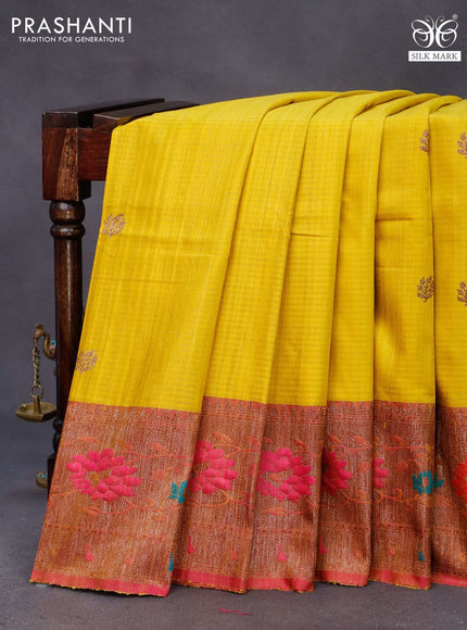 Banarasi handloom dupion saree lime yellow and dual shade of pink with allover thread & zari woven buttas and long woven border