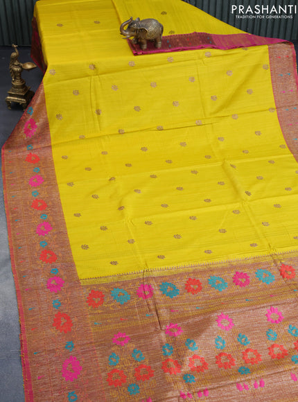 Banarasi handloom dupion saree lime yellow and dual shade of pink with allover thread & zari woven buttas and long woven border