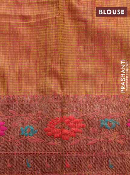 Banarasi handloom dupion saree lime yellow and dual shade of pink with allover thread & zari woven buttas and long woven border