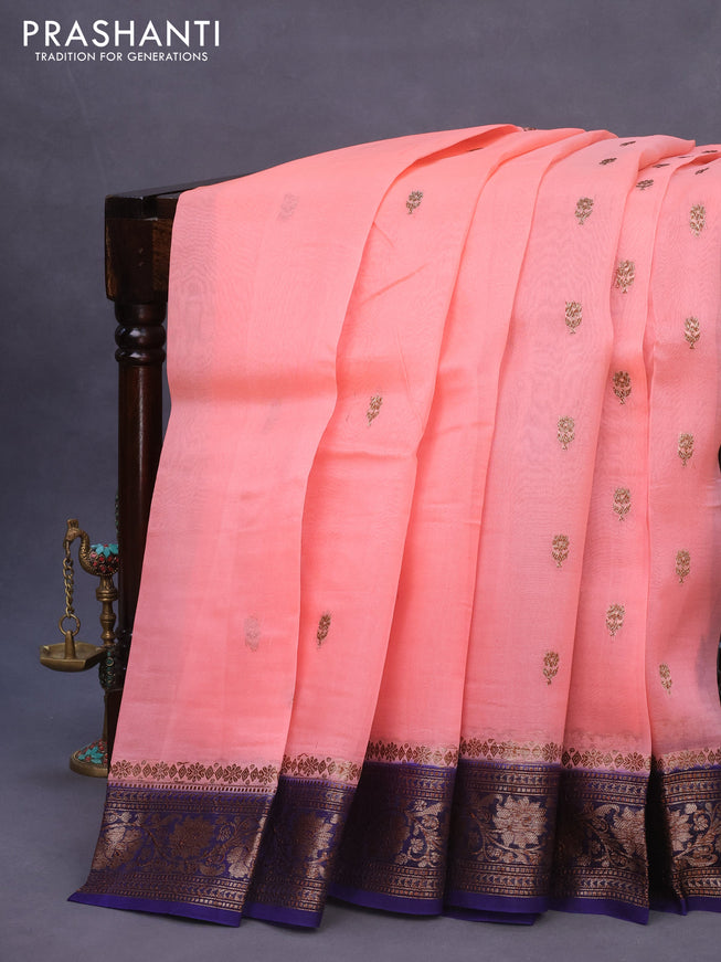 Banarasi organza silk saree peach pink and dark blue with thread & zari woven buttas and banarasi style border