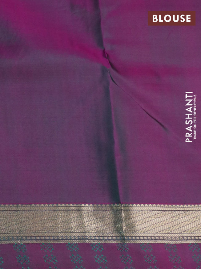 Pure kanchipuram silk saree green and dual shade of purple with plain body and zari woven simple border