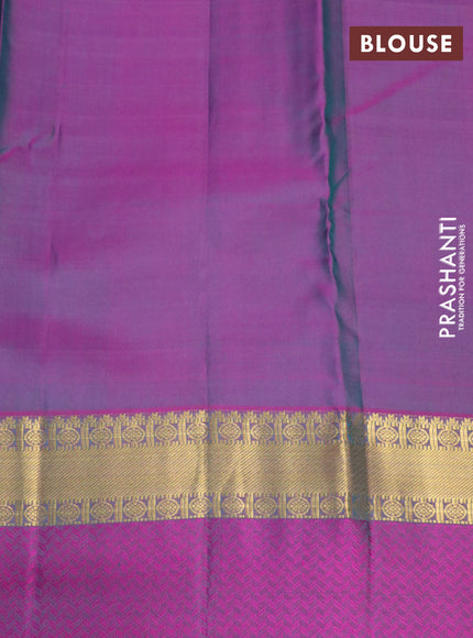 Pure kanchipuram silk saree dual shade of green and dual shade of purple with plain body and long zari woven simple border