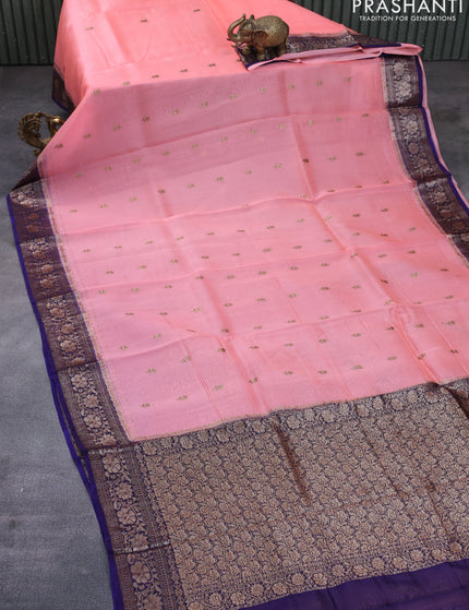 Banarasi organza silk saree peach pink and dark blue with thread & zari woven buttas and banarasi style border