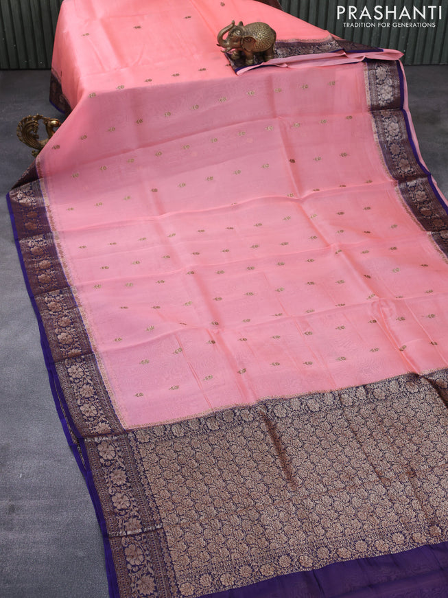 Banarasi organza silk saree peach pink and dark blue with thread & zari woven buttas and banarasi style border