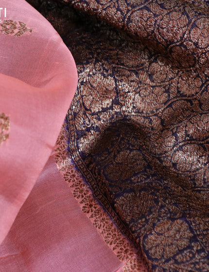 Banarasi organza silk saree peach pink and dark blue with thread & zari woven buttas and banarasi style border