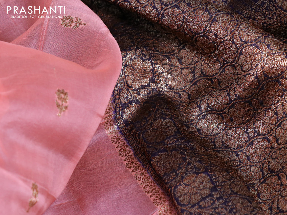 Banarasi organza silk saree peach pink and dark blue with thread & zari woven buttas and banarasi style border