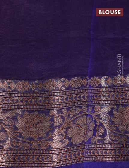 Banarasi organza silk saree peach pink and dark blue with thread & zari woven buttas and banarasi style border