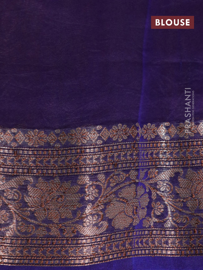 Banarasi organza silk saree peach pink and dark blue with thread & zari woven buttas and banarasi style border