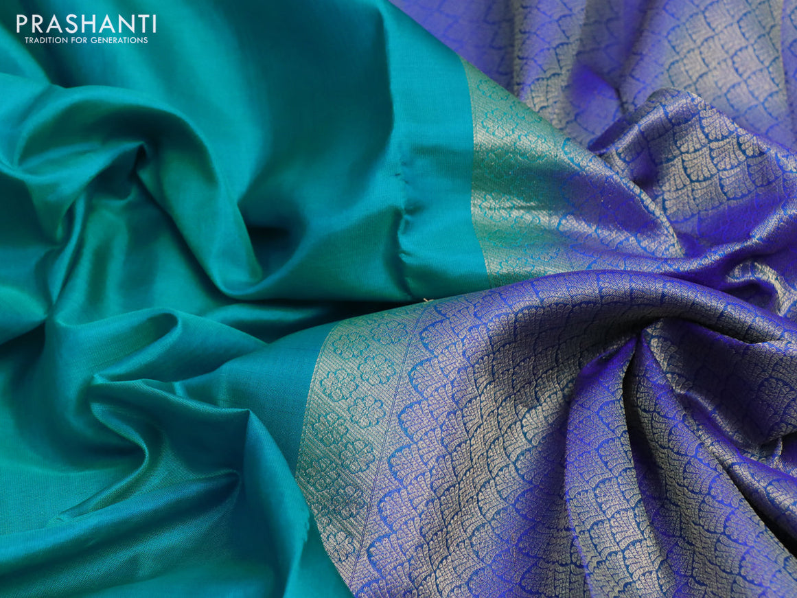 Pure kanchipuram silk saree teal blue and blue with plain body and zari woven border