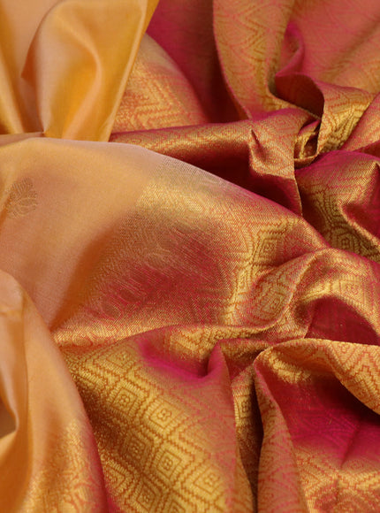 Pure kanchipuram silk saree yellow shade and pink with zari woven buttas and rich zari woven border