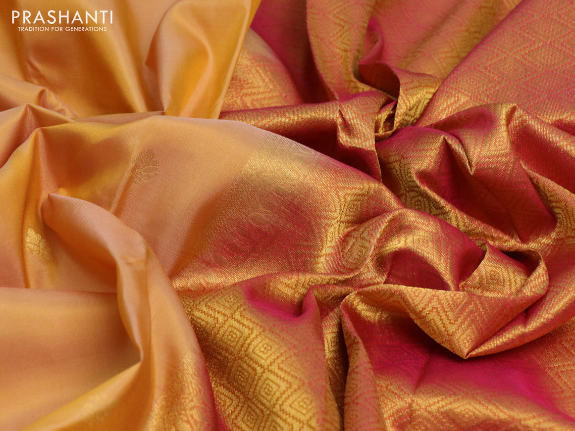 Pure kanchipuram silk saree yellow shade and pink with zari woven buttas and rich zari woven border