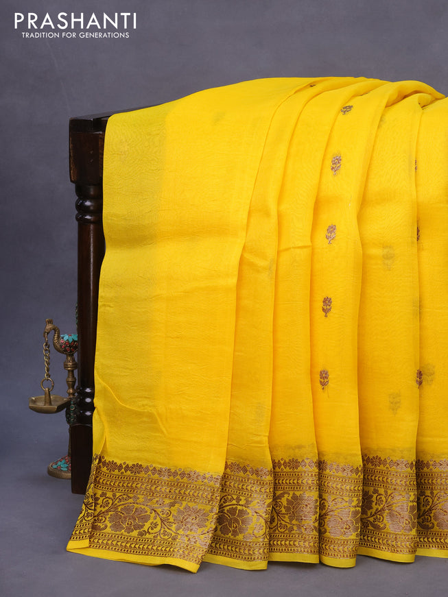 Banarasi organza silk saree yellow with thread & zari woven buttas and banarasi style border