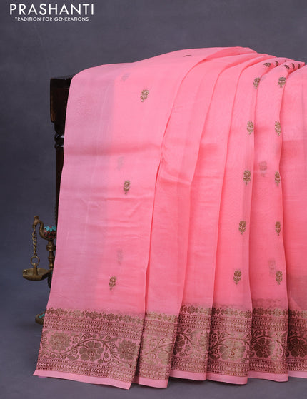 Banarasi organza silk saree candy pink with thread & zari woven buttas and banarasi style border