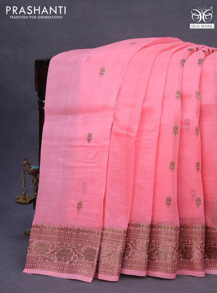 Banarasi organza silk saree candy pink with thread & zari woven buttas and banarasi style border