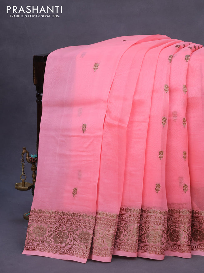 Banarasi organza silk saree candy pink with thread & zari woven buttas and banarasi style border