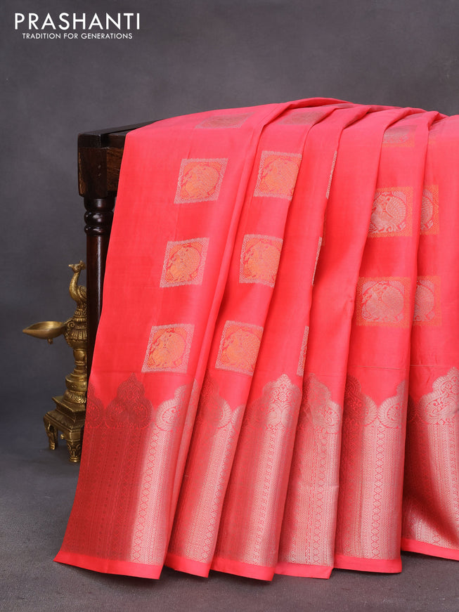 Pure kanchipuram silk saree pink and beige with silver zari woven annam buttas and long silver zari woven border