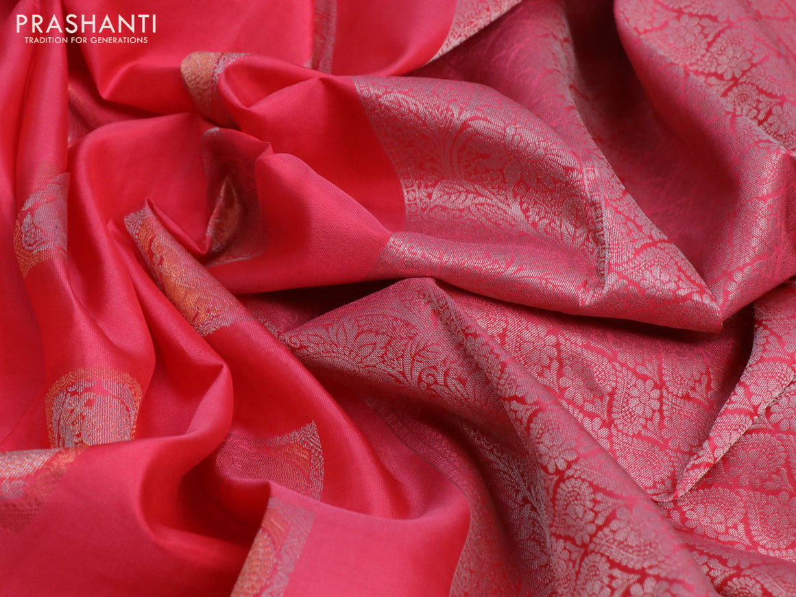 Pure kanchipuram silk saree pink and beige with silver zari woven annam buttas and long silver zari woven border