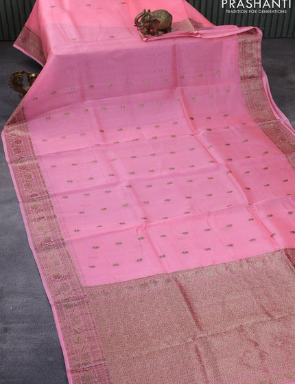 Banarasi organza silk saree candy pink with thread & zari woven buttas and banarasi style border