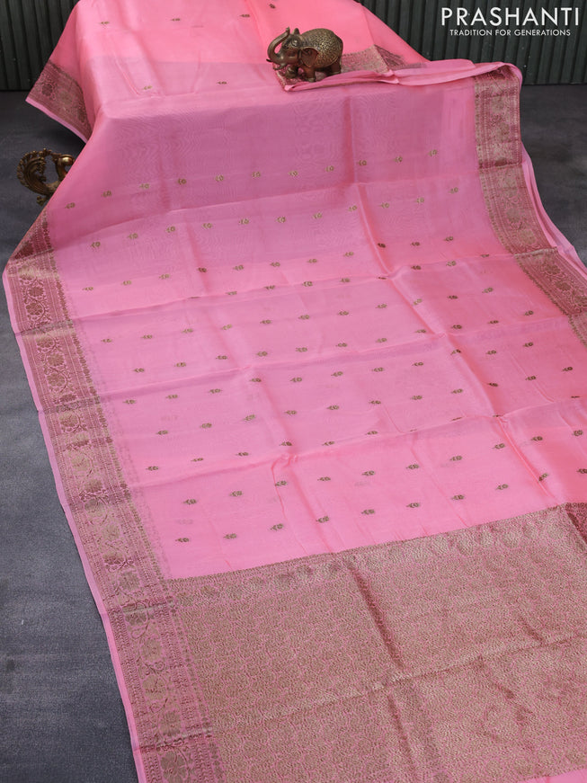 Banarasi organza silk saree candy pink with thread & zari woven buttas and banarasi style border