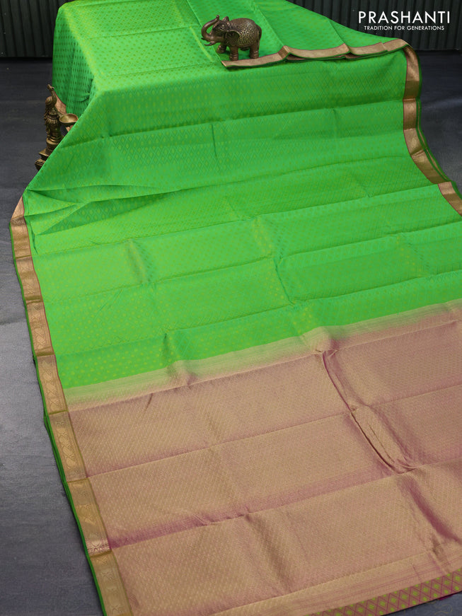 Pure kanchipuram silk saree light green and dual shade of pink with allover self emboss and zari woven border