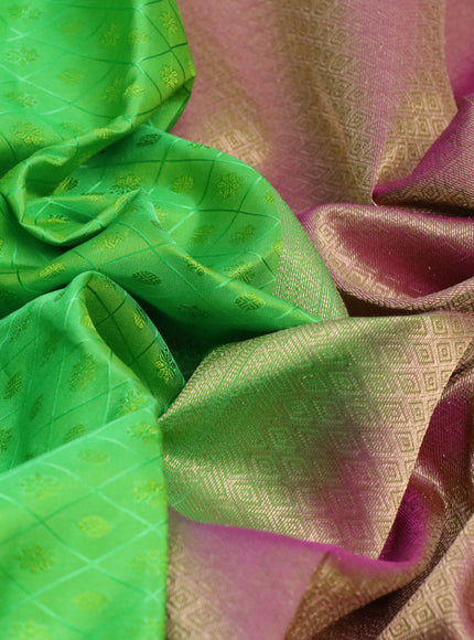 Pure kanchipuram silk saree light green and dual shade of pink with allover self emboss and zari woven border