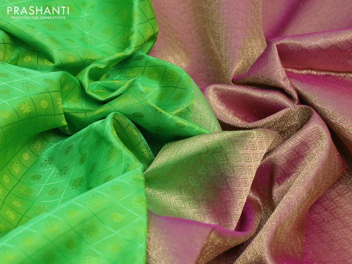 Pure kanchipuram silk saree light green and dual shade of pink with allover self emboss and zari woven border