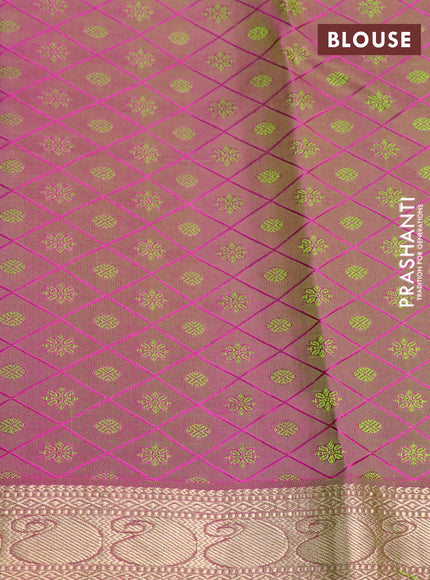 Pure kanchipuram silk saree light green and dual shade of pink with allover self emboss and zari woven border