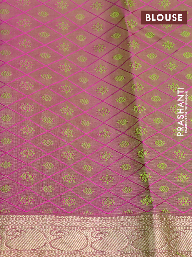 Pure kanchipuram silk saree light green and dual shade of pink with allover self emboss and zari woven border