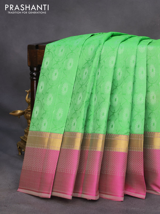 Pure kanchipuram silk saree light green and pink shade with allover self emboss and zari woven simple border