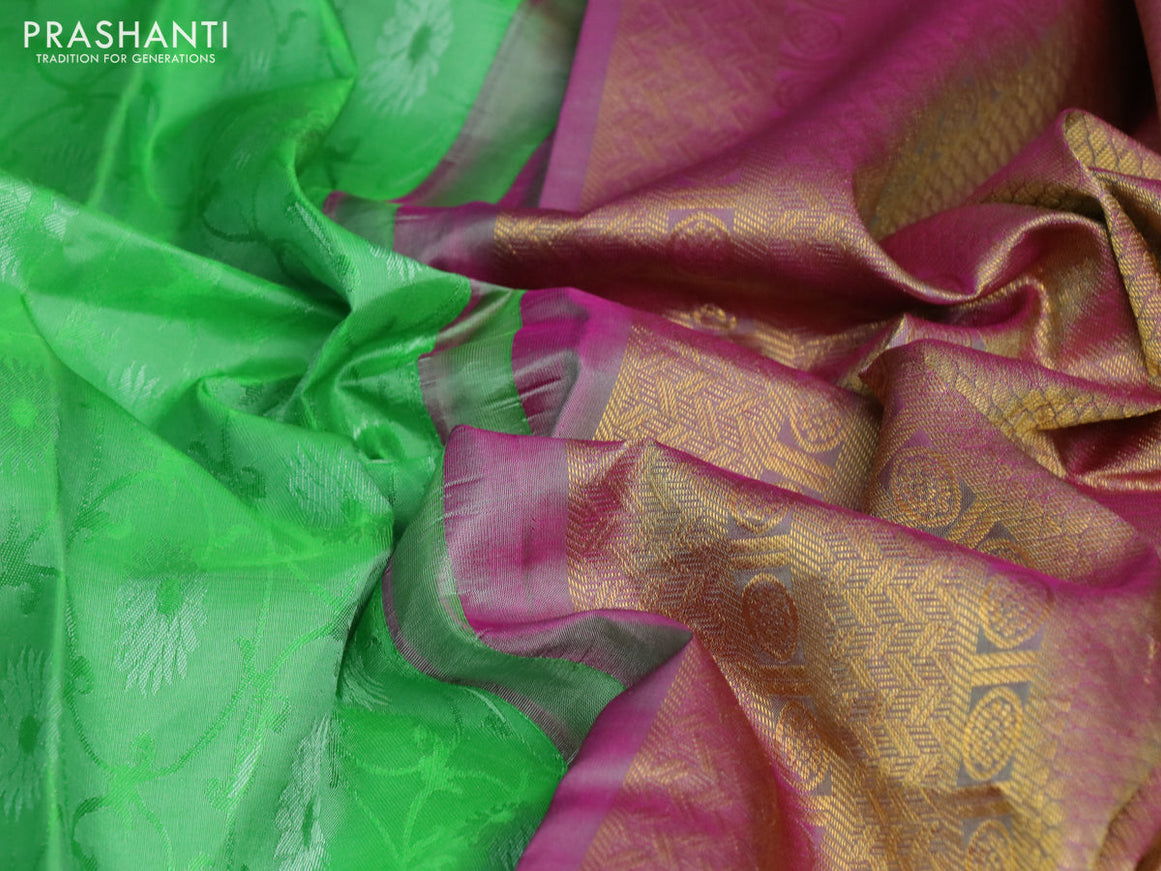 Pure kanchipuram silk saree light green and pink shade with allover self emboss and zari woven simple border