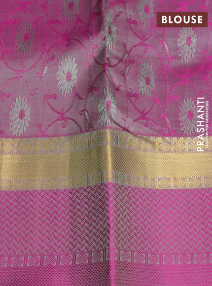 Pure kanchipuram silk saree light green and pink shade with allover self emboss and zari woven simple border