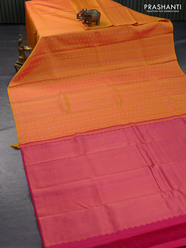 Pure kanchipuram silk saree dual shade of yellow and pink with allover silver & copper zari woven buttas in borderless style