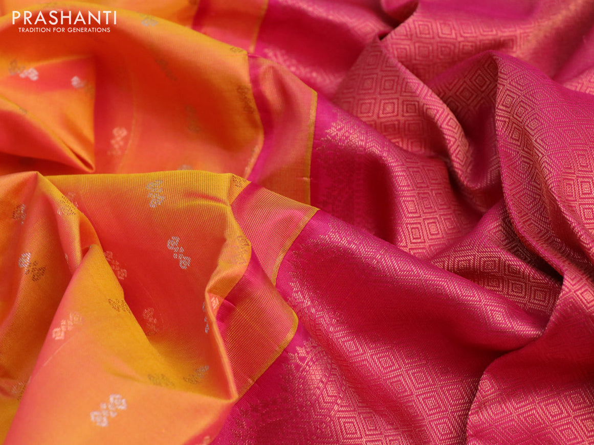 Pure kanchipuram silk saree dual shade of yellow and pink with allover silver & copper zari woven buttas in borderless style