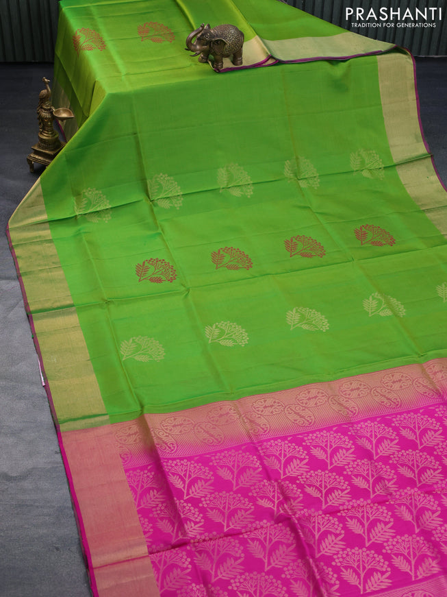 Pure soft silk saree light green and pink with zari woven buttas and zari woven border