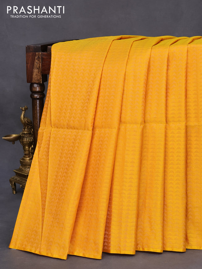 Pure soft silk saree mustard yellow and dual shade of pinkish orange with allover zari woven brocade weaves in borderless style