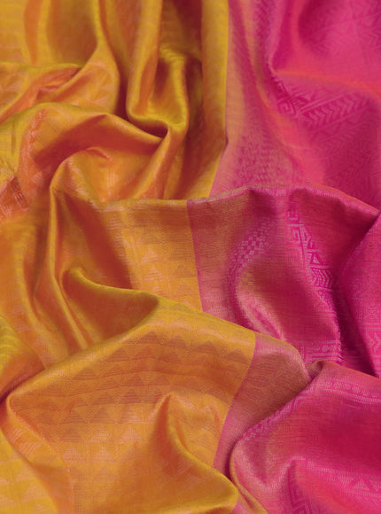 Pure soft silk saree mustard yellow and dual shade of pinkish orange with allover zari woven brocade weaves in borderless style