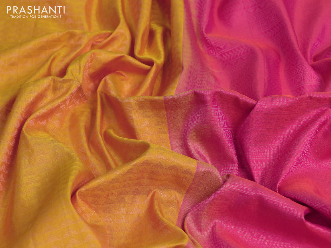 Pure soft silk saree mustard yellow and dual shade of pinkish orange with allover zari woven brocade weaves in borderless style